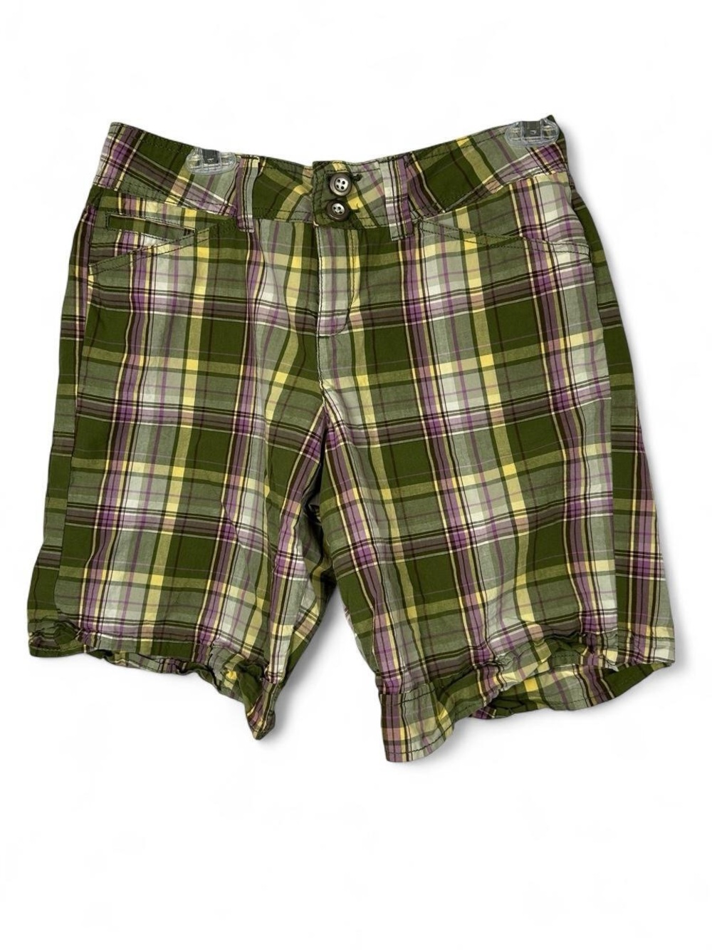 No Boundaries Olive Plaid Bermuda Shorts with Purple Stripes